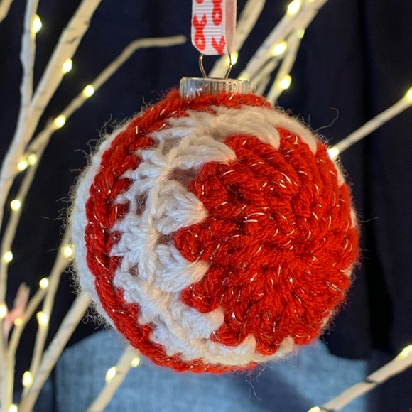 Crocheted Granny Stitch Christmas Ornament with Breast Cancer Symbol Ribbon - Picture 2 of 3
